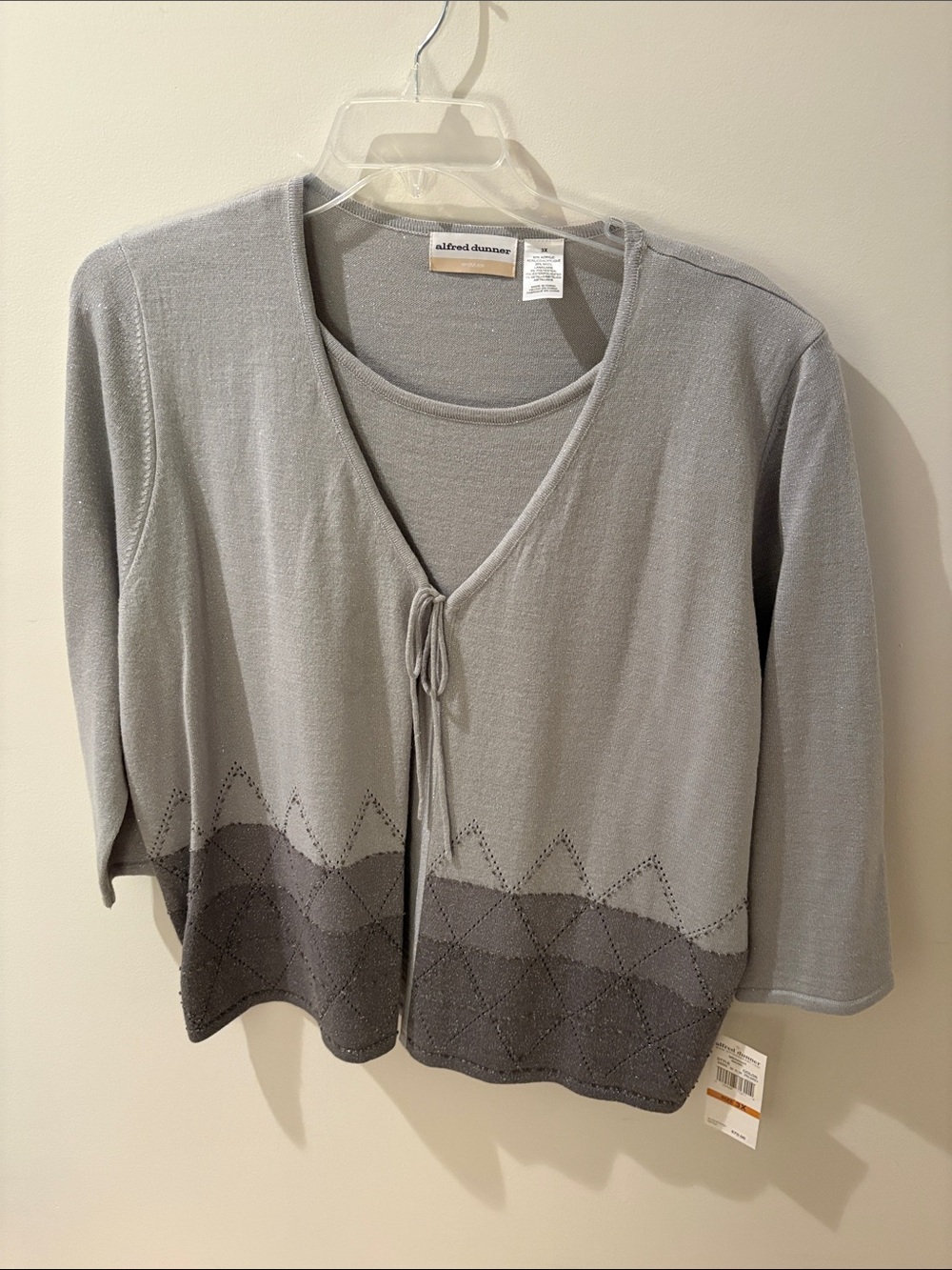 Alfred Dunner Gray Knit Tie-Front Cardigan with Diamond Hem